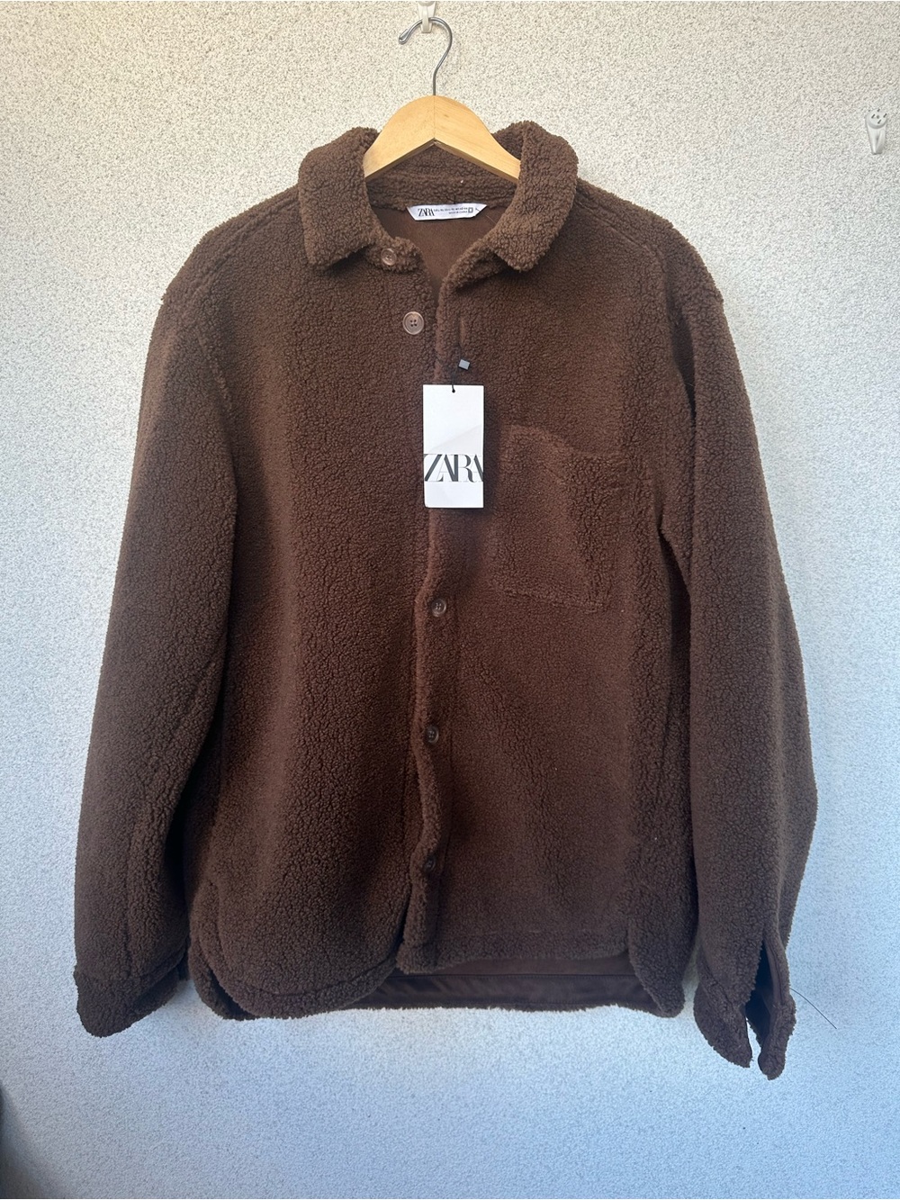 NWT Zara Teddy Sherpa Button Up Overshirt Jacket Espresso Brown Size L-XL